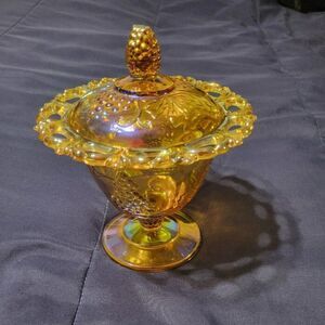 RARE/VINTAGE INDIANA GLASS CARNIVAL AUTUMN GRAPE AMBER CANDY/JELLY DISH WITH LID